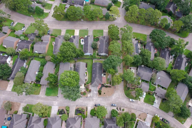 an aerial view of a house with a yard and potted plants