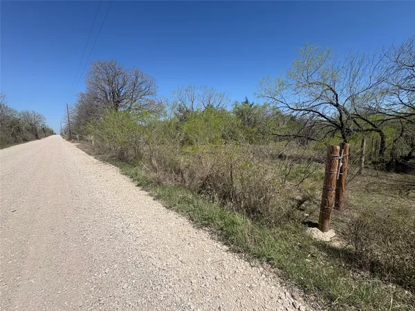 a view of a dry yard with trees in the background