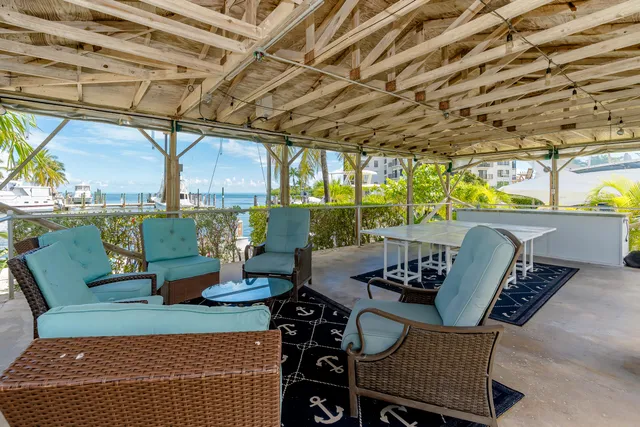 a view of a lake with a patio