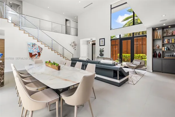 a view of a dining room with furniture window and outside view