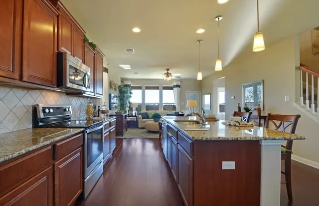 a kitchen with lots of counter top space