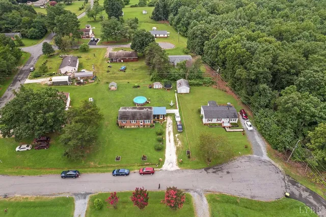 an aerial view of a house with a garden