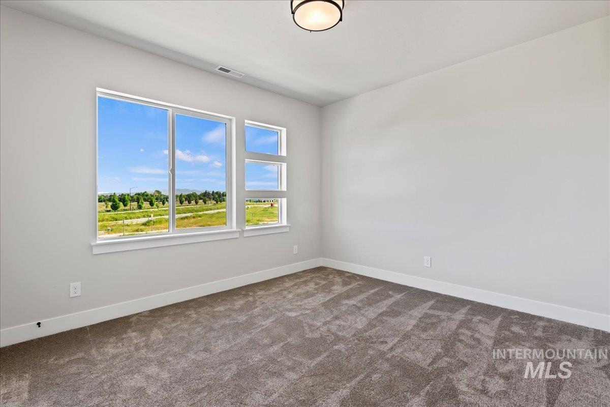 985 West Malbar Street Meridian, ID 83646 - Photo 35 of 39 Spacious room featuring multiple large windows, neutral gray wall paint, white trim, gray patterned carpeting, and a flush-mount ceiling light fixture