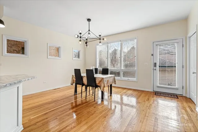 a view of a dining room with furniture