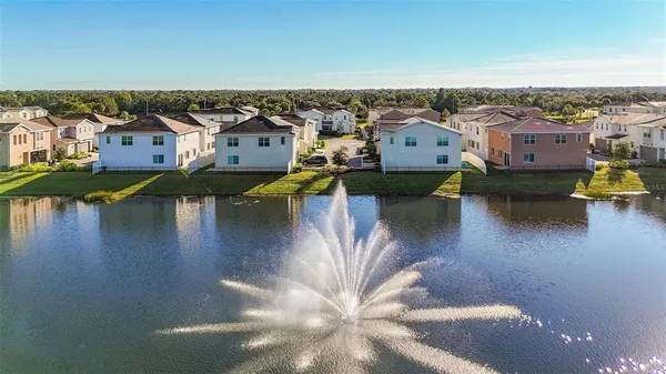 a view of a lake with houses in the background