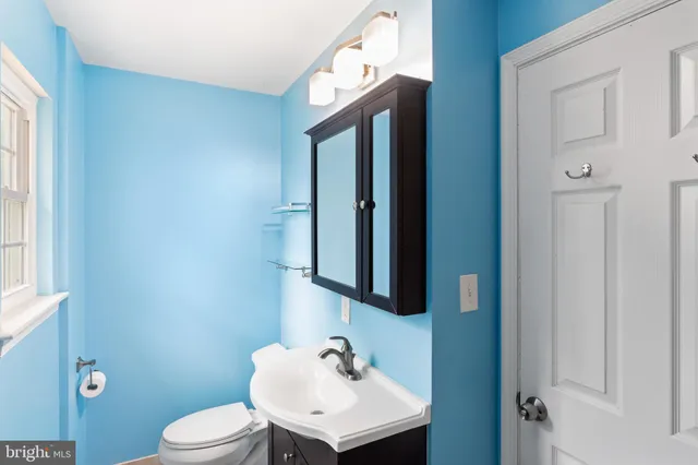 a bathroom with a sink a toilet and mirror