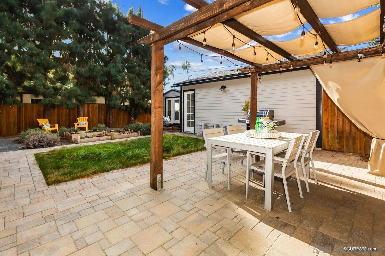 4112 Jackdaw Street San Diego, CA 92103 - Photo 31 of 34 a view of a patio with table and chairs and a barbeque with potted plants