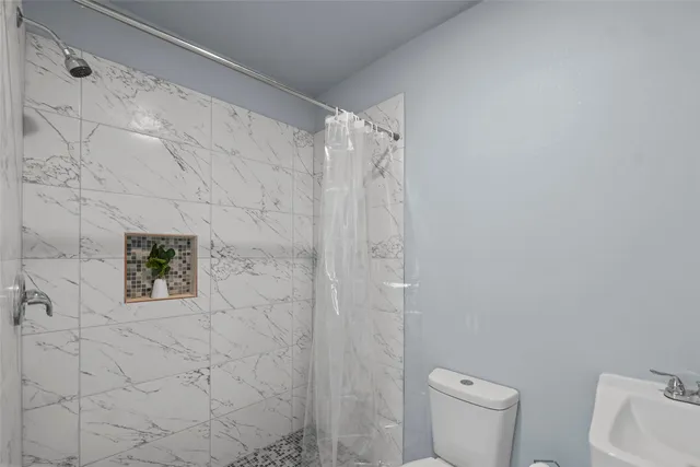 a white toilet sitting next to a shower curtain