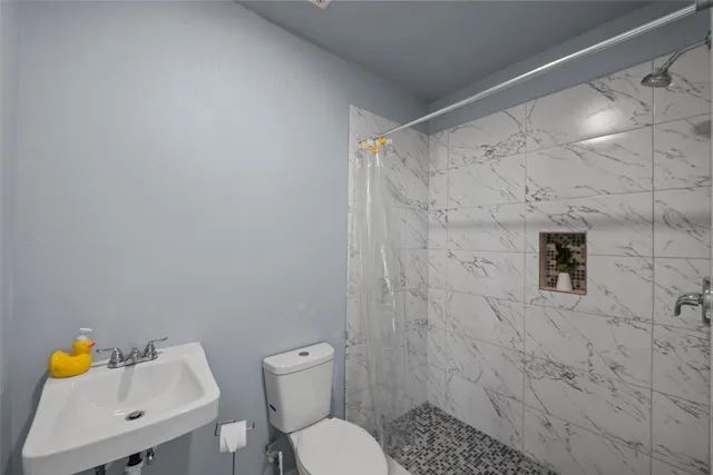 a bathroom with a toilet and a shower