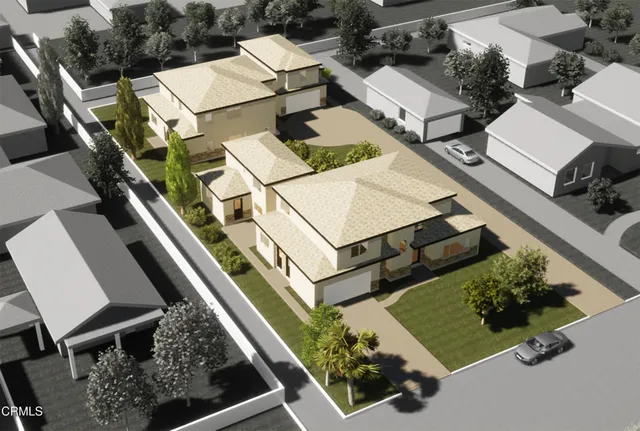 an aerial view of a house with garden