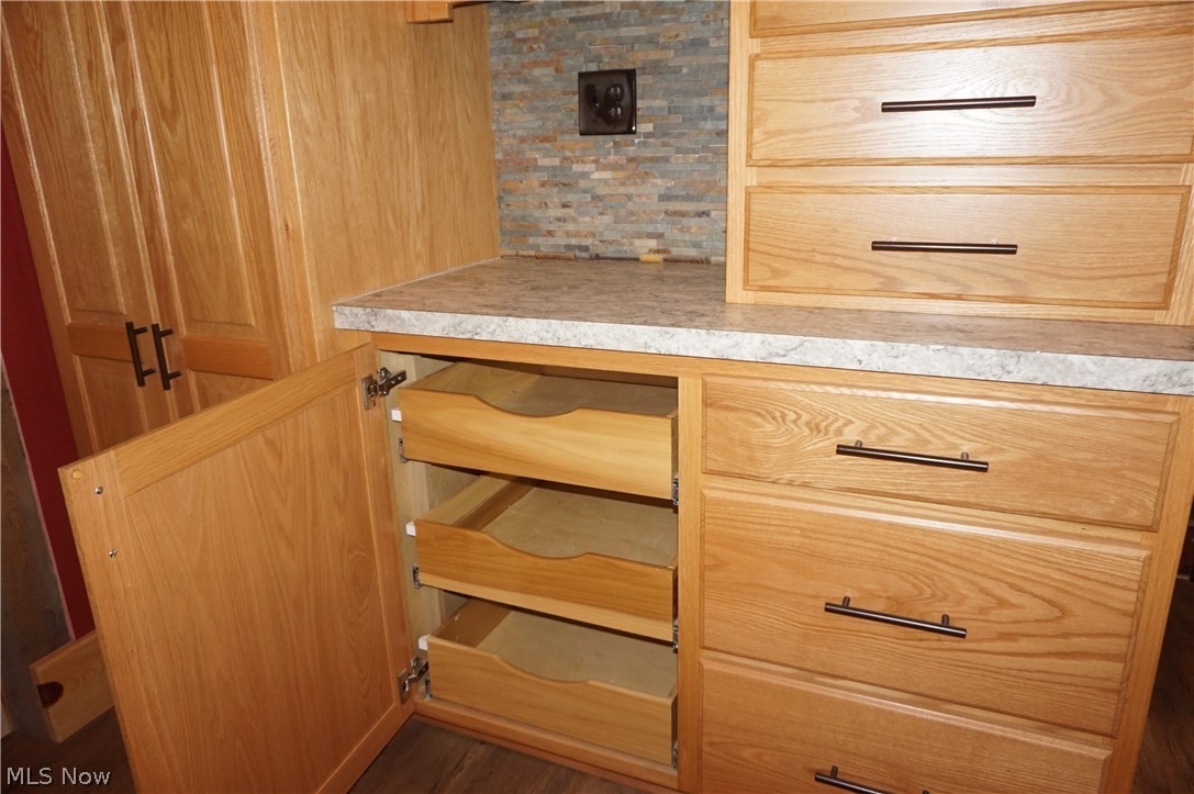2605 Plymouth Ridge Road Ashtabula, OH 44004 - Photo 17 of 50 Details featuring hardwood / wood cabinet dry bar with custom pull outs.
