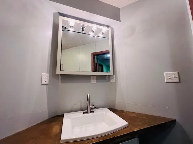 a bathroom with a sink and a mirror