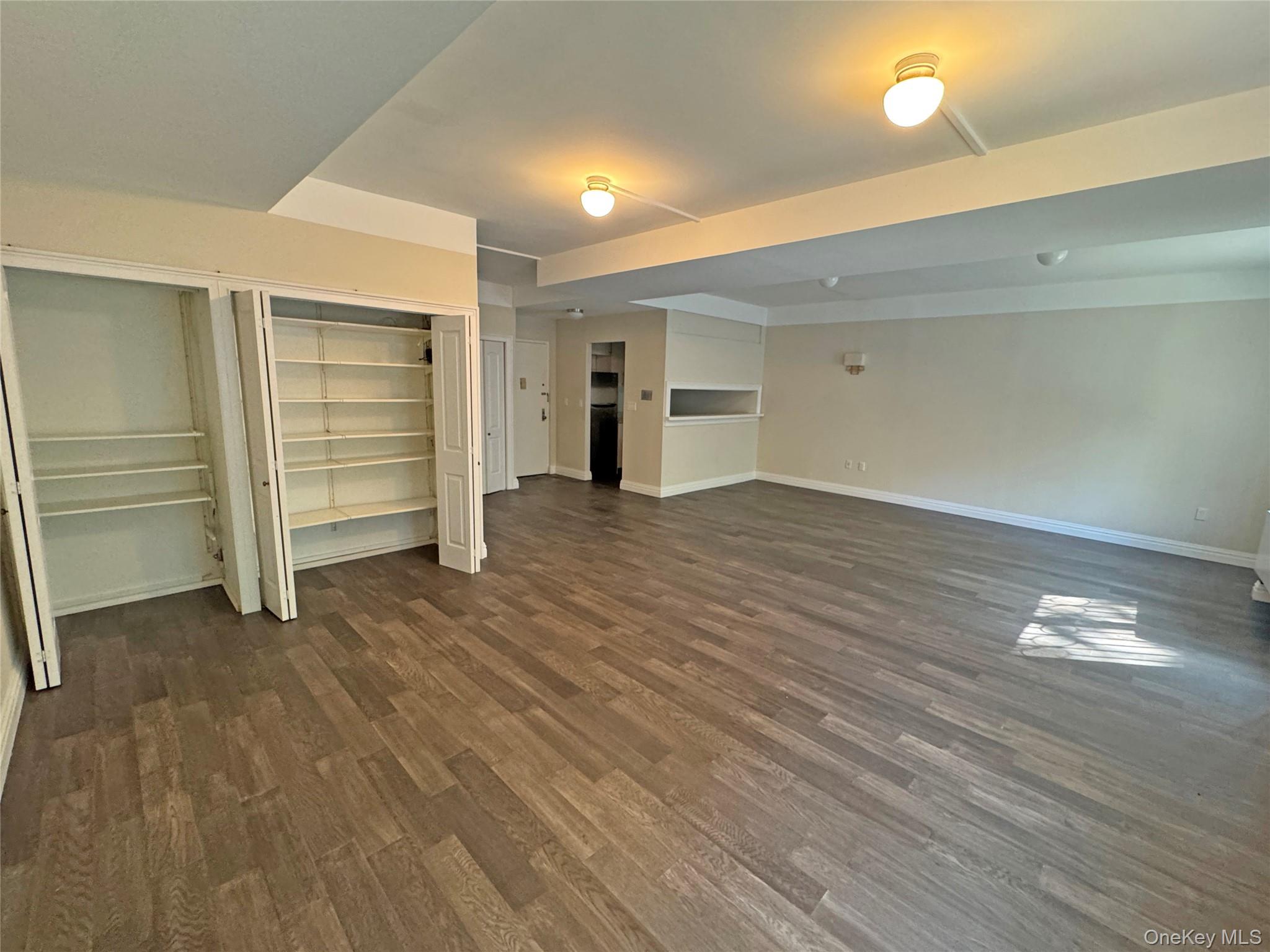 280 Rector Place, Unit 1G Manhattan, NY 10280 - Photo 9 of 17 an empty room with wooden floor closet and windows