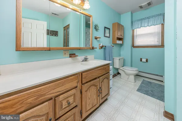 a bathroom with a sink a toilet and mirror