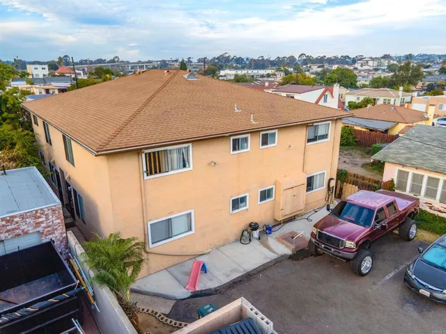 a aerial view of a house with a patio