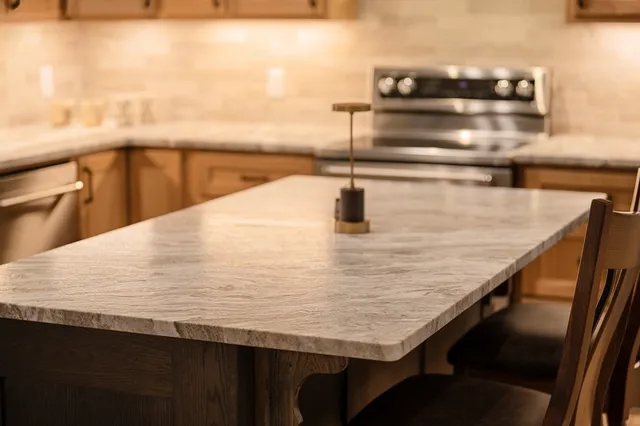 a kitchen with stainless steel appliances granite countertop a sink counter space and living room view