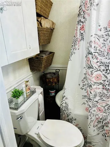 a white toilet sitting next to a shower curtain