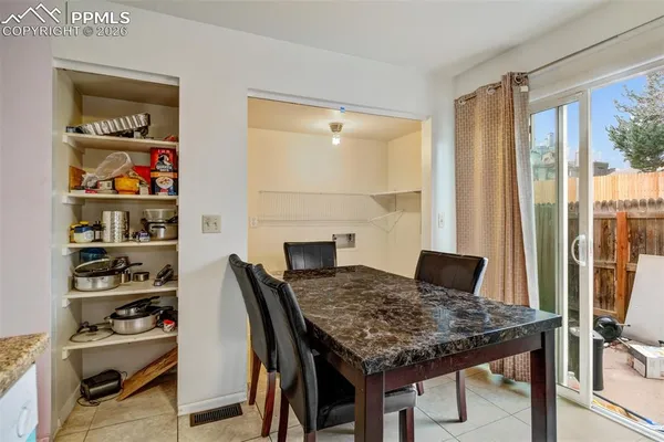 a view of a dining room with furniture and window