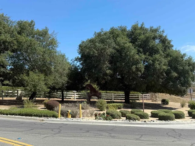 a view of a water fountain and house