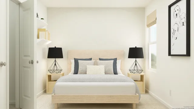 a bedroom with a bed and a flat tv screen next to a window