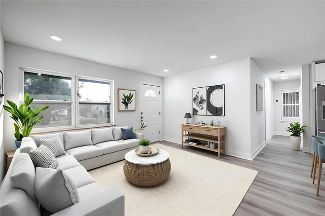 a living room with furniture and a potted plant