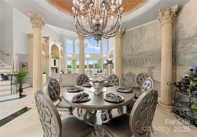 a view of a dining room with furniture window and outside view