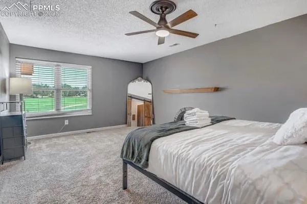 a bedroom with furniture and a ceiling fan