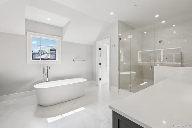 a bathroom with a bathtub and a shower