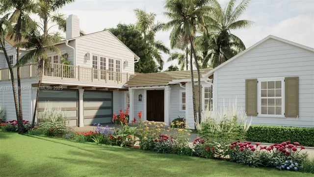 a front view of a house with a garden and plants