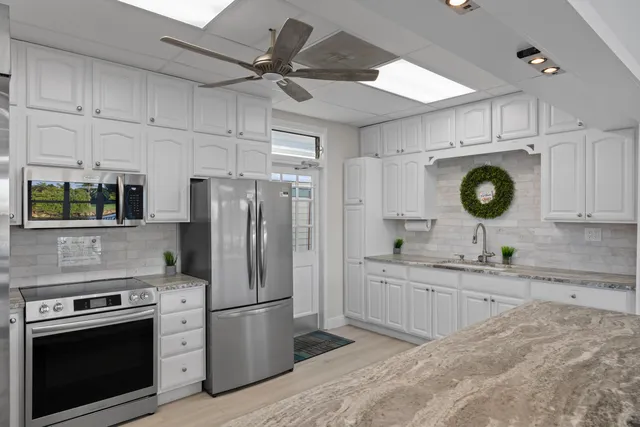 a kitchen with lots of counter top space