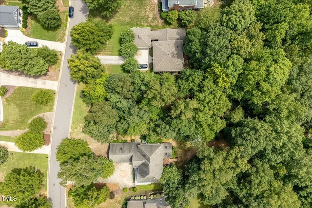 an aerial view of a house with a yard and plants