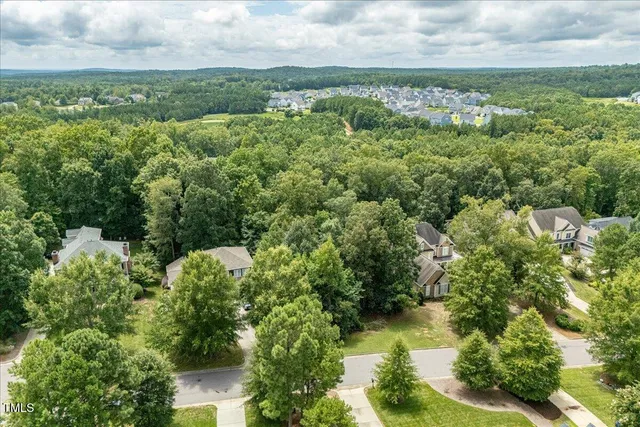 an aerial view of residential houses with outdoor space and trees