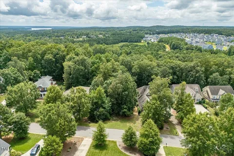an aerial view of residential houses with outdoor space and trees