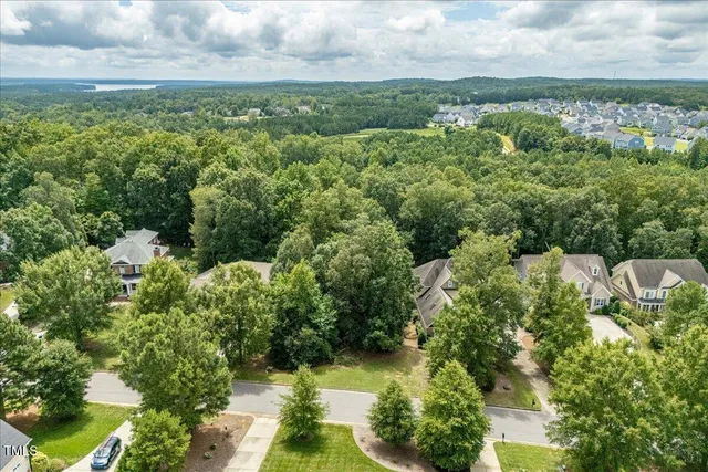 an aerial view of residential houses with outdoor space and trees