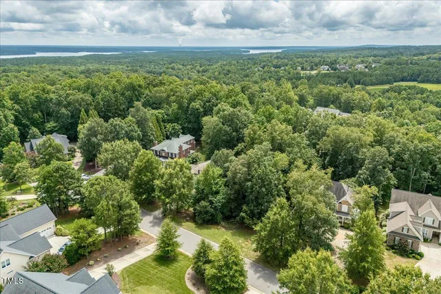 an aerial view of residential houses with outdoor space and trees