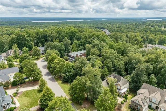 an aerial view of residential houses with outdoor space and trees
