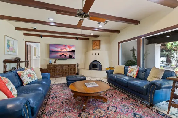 a living room with furniture and a potted plant
