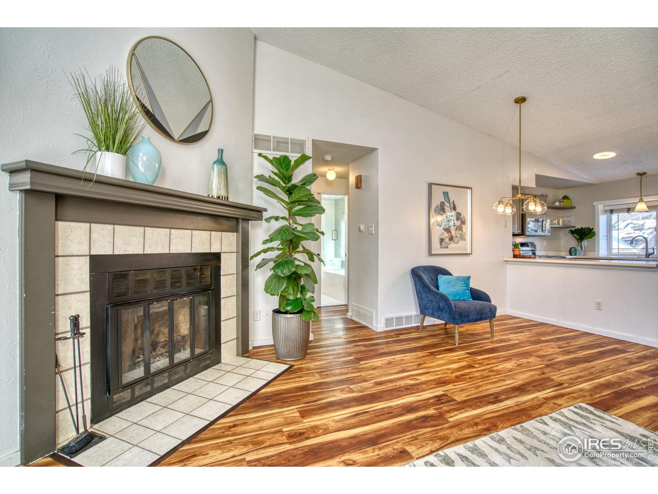 2154 Stuart Street Longmont, CO 80501 - Photo 17 of 27 a view of a livingroom with a fireplace and a potted plant