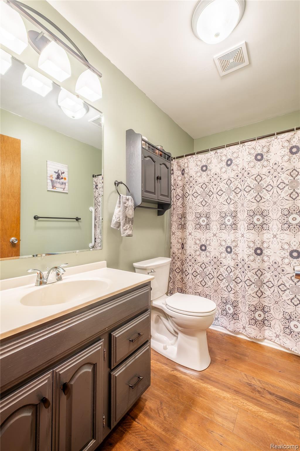 9600 Hamill Road Otisville, MI 48463 - Photo 18 of 32 Bathroom featuring wood-finish flooring, a vanity with a light-colored countertop and integrated sink, a wall-mounted medicine cabinet, and overhead lighting