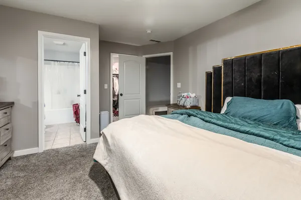 a bedroom with a bed and a closet