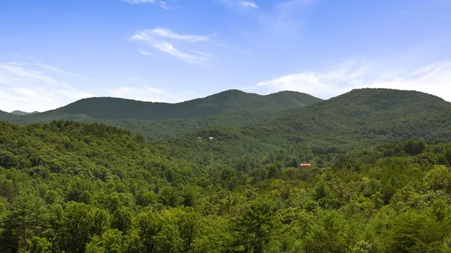 a view of a mountain range with lush green forest