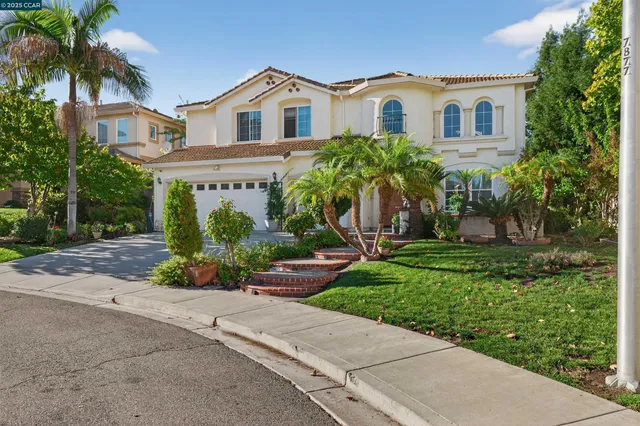a front view of a house with a yard and potted plants