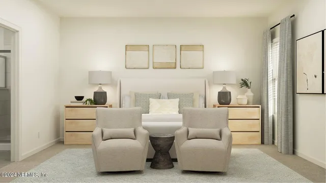 a living room with furniture and a floor to ceiling window