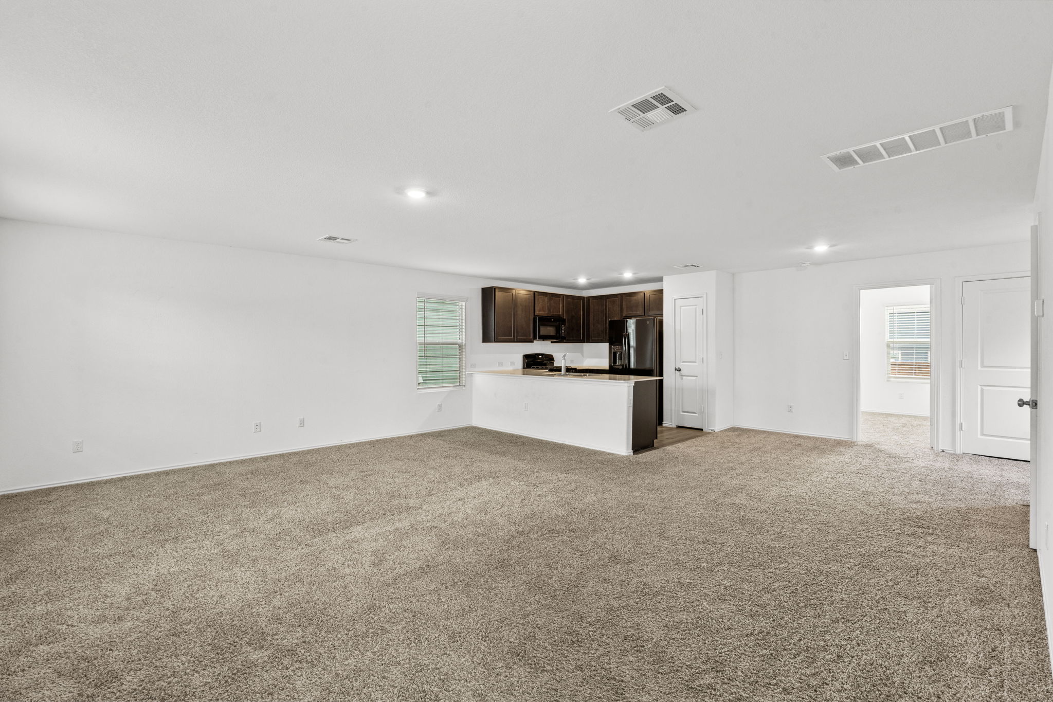 889 Powell Kyle, TX 78640 - Photo 21 of 22 An open floor plan connects the carpeted living area directly to the kitchen.