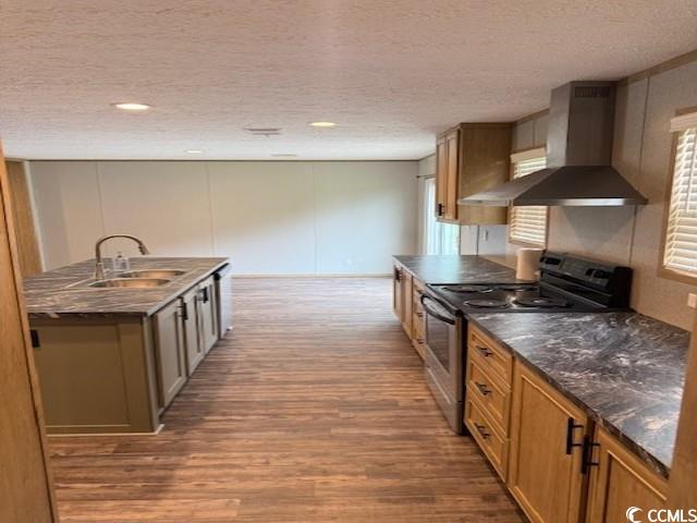 65 Clemmons Drive Tabor City, NC 28463 - Photo 10 of 29 Kitchen featuring wall chimney range hood, electric stove, a sink, wood finished floors, and a textured ceiling