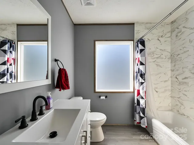 a bathroom with a sink a toilet and shower curtain