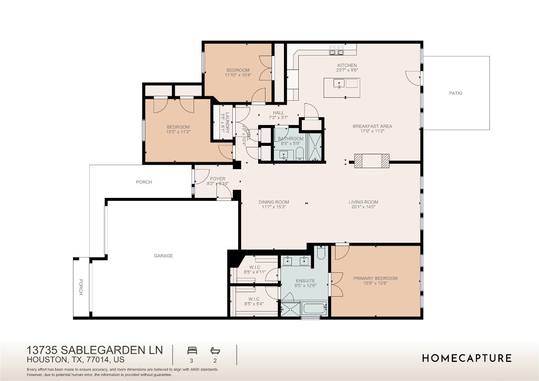 13735 Sablegarden Lane Houston, TX 77014 - Photo 20 of 20 Thoughtfully designed floor plan featuring three spacious bedrooms, two full baths, and an open-concept living area that flows seamlessly from the kitchen to the dining and living room. The primary suite offers dual walk-in closets and a private ensuite, while the additional rooms are conveniently positioned near the second bath. A functional and inviting layout for everyday living.