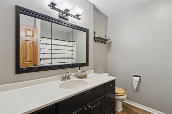 a bathroom with a sink a toilet and mirror
