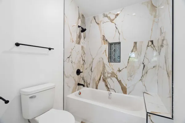 a bathroom with a toilet and a bathtub