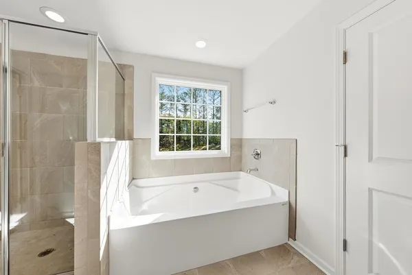 a bathroom with a bathtub and a shower